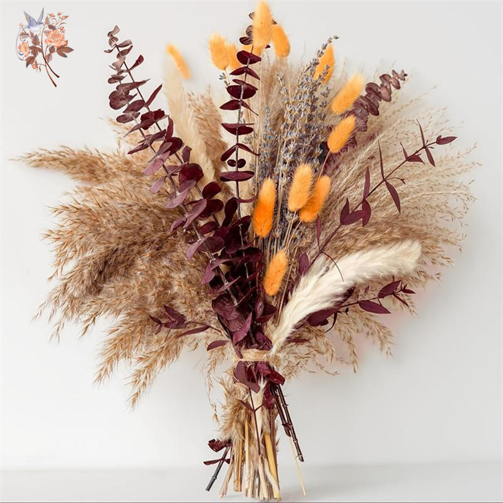 Dried Flower Bunch - 75 Stück getrockneter Pampas-Eukalyptusblatt-Blumenstrauß, orangefarbene Herbst-Hochzeitsdekoration,
